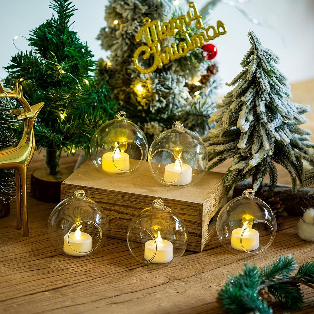 Clear Hanging Glass Sphere Ornament | Terrarium Candle Holder with LED Candle