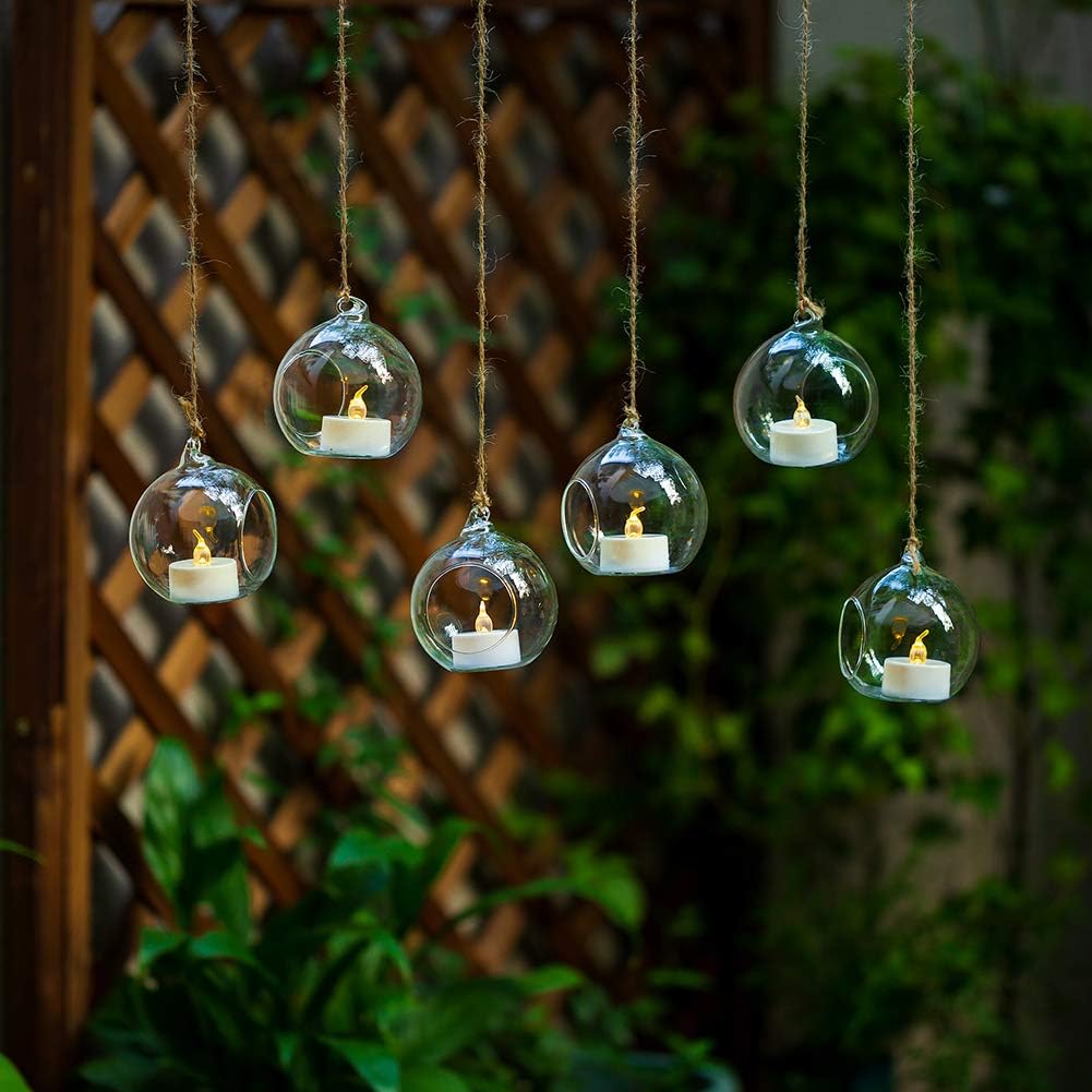 Clear Hanging Glass Sphere Ornament | Terrarium Candle Holder with LED Candle